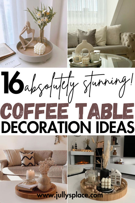 Coffee table decor ideas Scandi Coffee Table Styling, Decorating Round Glass Coffee Tables, Center Piece Living Room Home Decor, Coffee Tablescapes Ideas, Decorate Living Room Table, Ideas For Living Room Table Decor, How To Decorate A Living Room Table, Coffee Table Minimalist Decor, Office Coffee Table Decor