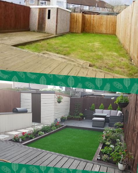 Garden before and after. Decking. Bar. Astroturf. Sleepers. Planters. Seating area. Shed. Cladding. Paving. Stones. Decking And Astroturf Ideas, Small Garden Makeover Before And After, Astroturf Backyard Ideas, Astroturf Garden Ideas, Astroturf Patio, Before And After Garden Makeovers, Astroturf Backyard, Shed Cladding, Garden Renovation Ideas