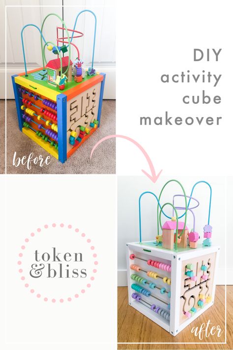 DIY Toddler Activity Cube Makeover • Token & Bliss Wooden Activity Cube, Cube Makeover, Toy Makeover, Activity Cube Baby, Woodwork Projects, Play Cube, Activity Cube, Store Hacks, Baby Activities