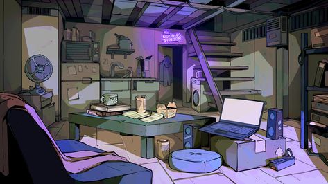 Studio Apartment Concept Art, Cyberpunk Apartment Concept Art, Inside Job Background, Room Art Reference, Apartment Concept Art, Basement Drawing, Indoor Illustration, Animation Background Design, Messy Living Room