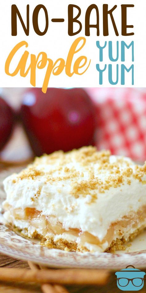 No-Bake Apple Yum Yum is an easy four layer dessert of graham crackers, apple pie filling, sweetened cream cheese and whipped topping! #nobake #desserts #dessertrecipes Four Layer Dessert, Layer Dessert, Brownie Ideas, Yum Yum Dessert, Baked Apple Dessert, Apple Recipes Healthy, Baked Apple Recipes, Biscuits Graham, Apple Pie Filling