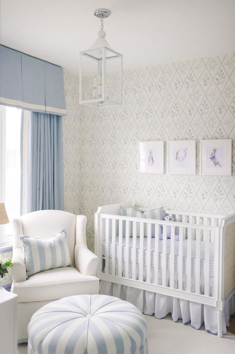 Traditional Blue & White Classic Boy's Nursery Boy Nursery Wallpaper Blue, Cream And Blue Nursery, Traditional Blue And White Nursery, Coastal Grandmother Nursery, Grandmillenial Boys Nursery, Southern Nursery Ideas, Baby Blue Boy Nursery, Grandmillenial Nursery Decor, Light Blue Boy Nursery