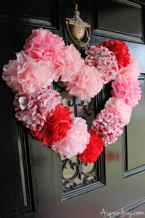 Tissue paper heart wreath tutorial. Inexpensive and pretty heart craft to make for Valentines. Super cute! Paper Heart Wreath, Heart Wreath Craft, Heart Wreath Tutorial, Tissue Paper Wreaths, Sweetheart Dance, Valentines Wreaths, Heart Shaped Wreath, Valentine Wreath Diy, Heart Craft