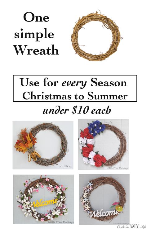 You don't have to break the bank to decorate with a wreath every season! See how an interchangeable wreath is used for Valentines, St Patrick's Day, Spring, Summer, Fourth of July, Fall, Halloween and Christmas! Interchangeable Wreath, Cheap Wreaths, Colored Burlap, Easy Fall Wreaths, Diy Halloween Wreath, Diy Spring Wreath, Easy Christmas Wreaths, Wreath Making Supplies, Diy Fall Wreath