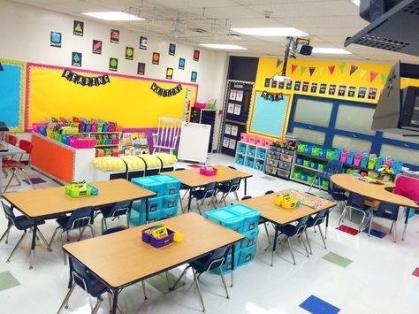 First Grade Made: Classroom Reveal Long Classroom Layout, Classroom Storage With Tables, Storage For Tables In Classroom, Classroom Table Organization Storage, Classroom Set Up With Tables, Student Storage For Tables, Classroom Table Setup, Classroom With Tables Instead Of Desks, Classroom Library Ideas Kindergarten