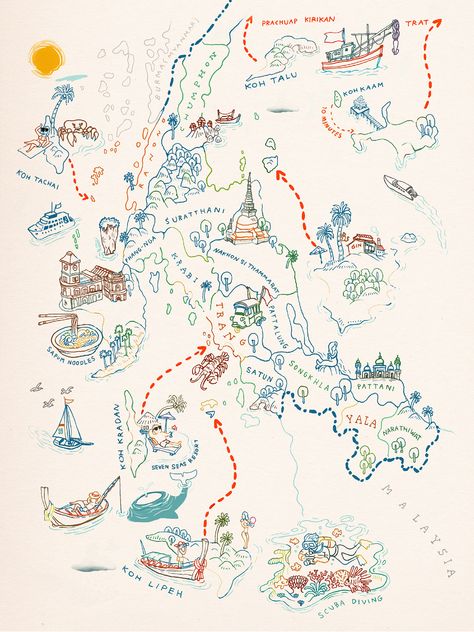 A TWIST OF THAILAND on Behance Travel Map Illustration, Map Art Illustration, Maps Illustration Design, Maps Design, Map Sketch, Visuell Identitet, Mental Map, Infographic Map, Map Illustration