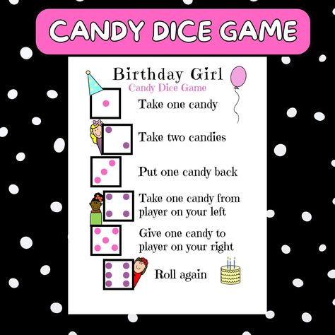 Game Fun Bday Candy roll the dice Group Game Printable Roll the Die Candy Holiday Kids Birthday Party Game Dice Fun Xmas group game Pdf Girl by DearLittlePrintables on Etsy Keep Pass Eat Candy Game, Birthday Girl Games, Party Games For Girls, Games For Birthday Party, Fun Birthday Party Games, Candy Dice Game, Party Games Kids, Girls Birthday Games, Girls Birthday Party Games