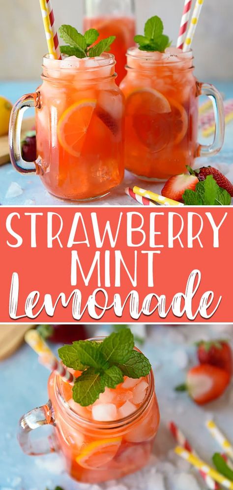 Summer in a glass is possible with this Strawberry Mint Lemonade! Fresh pureed strawberries are muddled with mint, then mixed with freshly squeezed lemonade - you can even turn this into a refreshing poolside cocktail by adding your favorite liquor! Drinks To Make With Mint Leaves, Lemonade With Mint Leaves, Mint Strawberry Lemonade, Lemonade Mint Recipe, Cocktails With Fresh Mint, Strawberry Lemonade Mixed Drink, Strawberry Mint Drink, Fresh Spearmint Recipes, Cocktail With Mint Leaves