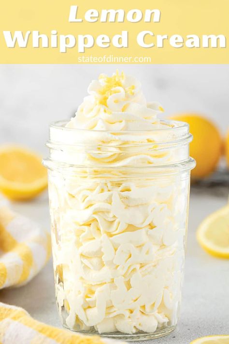 Lemon Whipped Cream – State of Dinner Lemon Icing Recipe, Lemon Ideas, Diy Whipped Cream, Bourbon Whipped Cream, Perfect Whipped Cream, Lemon Whipped Cream, Vanilla Sheet Cakes, Flavored Whipped Cream, Cube Cake