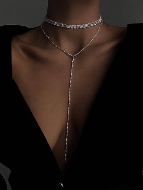 Silver Glamorous Collar  Glass  Y-Necks + Lariats Embellished   Fashion Jewelry Bling Choker, Body Chains, Rhinestone Choker Necklace, Prom Jewelry, Rhinestone Choker, Silver Choker, Classy Jewelry, Crystal Choker, Geometric Necklace