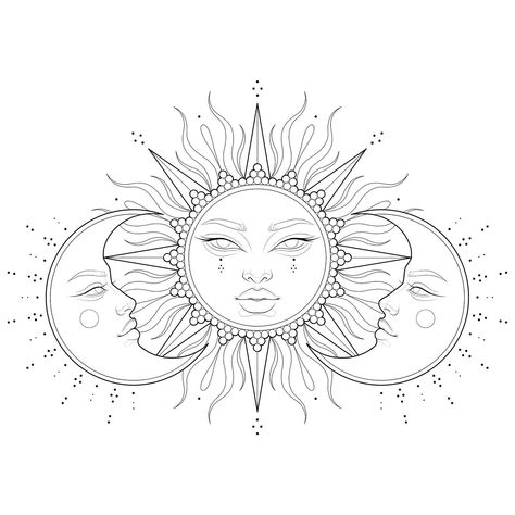 Face In Moon Tattoo, Sun Moon Face Tattoo, Full Moon And Sun Tattoo, Sun Tattoo With Face, Sun Face Tattoo, Moon And Sun Tattoo, Sun Moon Design, Sun Moon Tattoo, Half Moon Tattoo