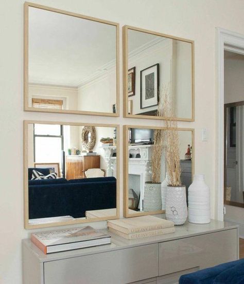 4 Square Mirrors On Wall Decor, Mirror And Print Wall, Ikea Mirrors Ideas Squares, Small Square Mirror Wall Decor, 4 Mirrors On Wall Decor, Grid Mirror Wall, Large Mirror In Dining Room, Square Mirror Ideas, Ikea Nissedal