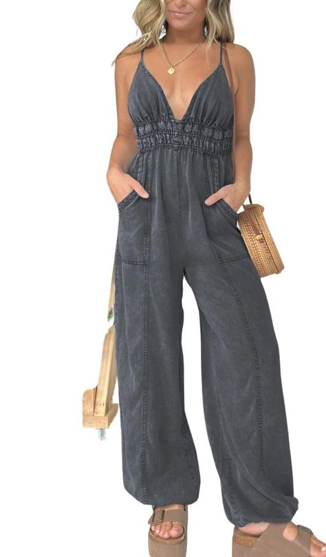 PRICES MAY VARY. 【PREMIUM FABRIC】The denim jumpsuit for women is made of soft and skin-friendly cotton fabric, that's lightweight and breathable, providing you a pleasant wearing experience. The Best Choice For Summer, Spring & Fall! 【STYLISH DESIGN】The women vintage smocked denim jumpsuit features sexy deep v-neck, adjustable spaghetti straps, stretchy high waist, wide leg design with drawstring, relaxed fit, 2 side pockets make this jean jumpsuit utility and stylish. This one piece outfits den Spaghetti Strap Jumpsuit, Winter Mini Dresses, Tencel Denim, Moda Denim, Jumpsuit With Pockets, Mode Jeans, Fitted Jumpsuit, Mini Robes, Chic Outfit