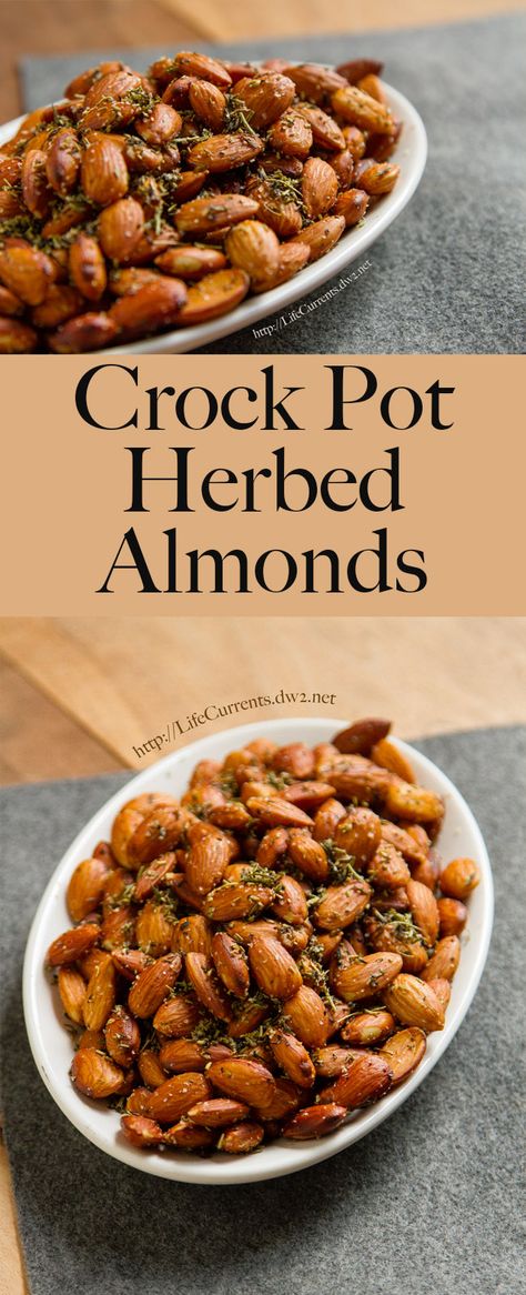 Crock Pot Herbed Almonds - easy to make in the crock pot, and a great appetizer! You'll want this recipe for all kinds of events from parties, BBQs to Thanksgiving and Christmas! Christmas Crock, Tapas Night, Plane Trip, Almonds Recipe, Appetizers Christmas, Diy Easy Recipes, Thanksgiving And Christmas, Crock Pot Slow Cooker, Great Appetizers