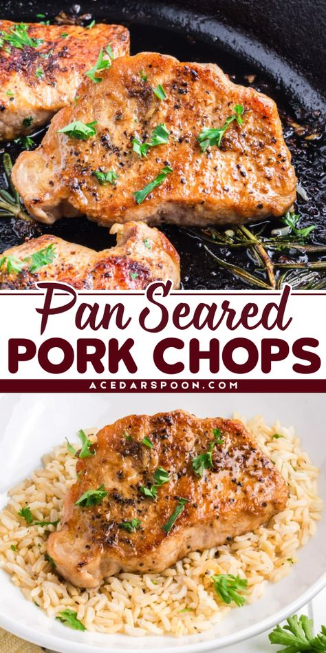 These Pan Seared Pork Chops are so easy to make and are a great, budget friendly meal option. This recipe is simple using spices and herbs to flavor the pork but can be spiced up to your liking. You can have these pork chops on the table in under 20 minutes. Moist Pork Chops, Best Fried Pork Chops, Pork Sirloin Chops, Alternative To Bread, Pork Chops Bone In, Yummy Bowl, Pan Pork Chops, Pork Chop Seasoning, Pan Seared Pork Chops