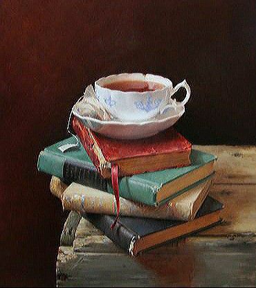 Art Bizarre, Tea And Books, Leather Bound Books, Vintage Teacups, Still Life Art, Coffee And Books, A Cup Of Tea, A Cup Of Coffee, I Love Books