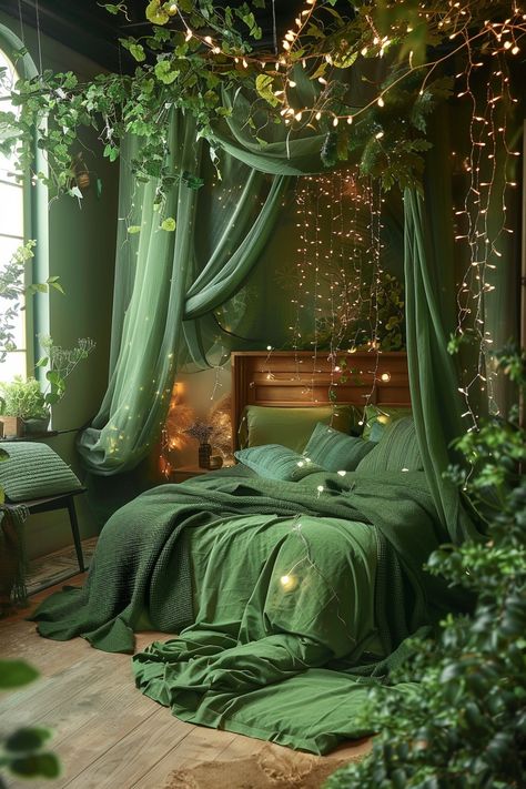 29 Green Boho Bedroom Ideas 5 Boho Witchy Bedroom, Witchy Bedroom Ideas, Forest Themed Bedroom, Botanical Bedroom, Forest Bedroom, Earthy Bedroom, Boho Bedroom Design, Bedroom Ambiance, Boho Bedroom Ideas