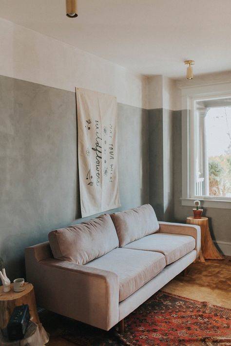 Lime Wash Accent Wall, Neutral Boho Living Room, Lime Wash Walls, Limewash Walls, Living Room Design Boho, Row Home, Lime Wash, Modern Boho Living Room, Washing Walls