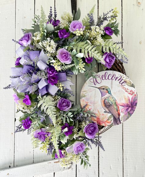 Hummingbird Sign, Floral Door Wreaths, Fun Wreath, Purple Wreath, Vine Wreath, Artificial Floral Arrangements, Summer Door Wreaths, White Wreath, Rose Wreath