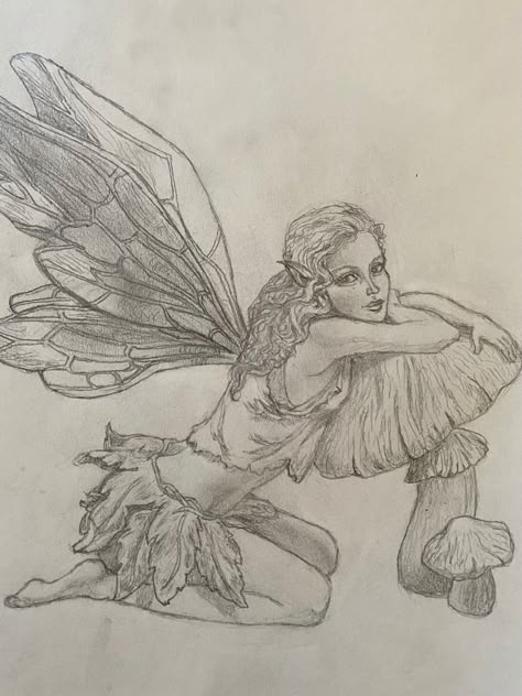 Fantasy Fairy Drawing, Fairy Drawings Step By Step, Fairy Figure Drawing, Fairy Grunge Art Sketches, Realistic Fairy Drawing, Fairy Sitting Drawing, Gothic Fairy Art, Fairy Sitting On Mushroom Drawing, Fairy Poses Drawing