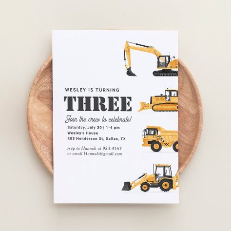 $2.93 | Construction Vehicles 3rd Birthday Party #construction birthday, birthday party, dump truck, excavator bulldozer backhoe, boy birthday, construction birthday invitation, dump everything, simple modern minimalist, construction vehicle, 3rd birthday Construction Site Birthday Party, Construction Birthday Invitations, 1st Birthday Party Invitations, Construction Vehicle, Construction Birthday Parties, 2nd Birthday Invitations, Birthday Party Invitation Templates, Boy Birthday Invitations, Construction Party