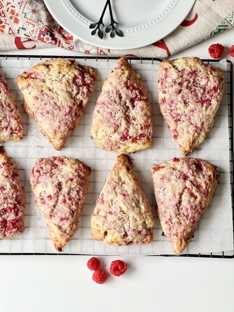 Sourdough Raspberry Scones (& a lemon glaze!) - Healing Slice Raspberry White Chocolate Scones Sourdough, Sourdough Discard Recipes Raspberry, Sourdough Discard Raspberry Scones, Raspberry Sourdough Muffins, Sourdough Raspberry Scones, Sourdough Raspberry Lemon Rolls, Raspberry Sourdough Bread, Raspberry Sourdough, Sourdough Scones Recipe