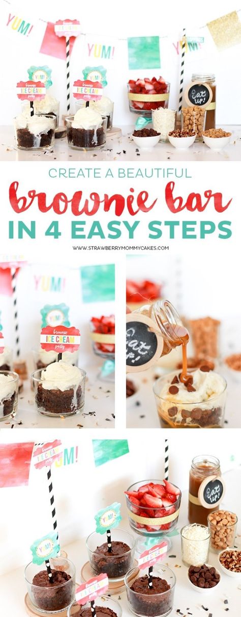 Create a Beautiful Brownie Bar in 4 Easy Steps - Printable Crush Brownie Sundae Bar, Gourmet Burger Bar, Party Food Bars, Salsa Bar, Bagel Bar, Party Food Bar, Brownie Sundae, Hot Dog Bar, Sundae Bar