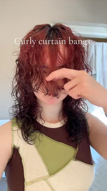 Strawberry_notshortcake on Instagram: "No matter what people say I’ll always love curly curtain bangs . . . . #fy #fyp #fypage #explore #explorepage #ep • #curly #curls #curlywolfcut #curlybangs #curlycurtainbangs #curtainbangs #wolfcut #tutorial #curtainbangstutorial #curlyhair #curlyhairstyles #hair #haircut #cut #chop #redhair #redcurls #redcurlyhair" Curly Bangs Haircut Tutorial, Curtain Bangs Curly Hair Tutorial, Curly Hair Bangs Tutorial, Curly Curtain Bangs Round Face, How To Cut Curtain Bangs Curly Hair, Diy Curly Bangs, Chin Length Hairstyles With Bangs, Short Curly Curtain Bangs, Wolfcut On Curly Hair