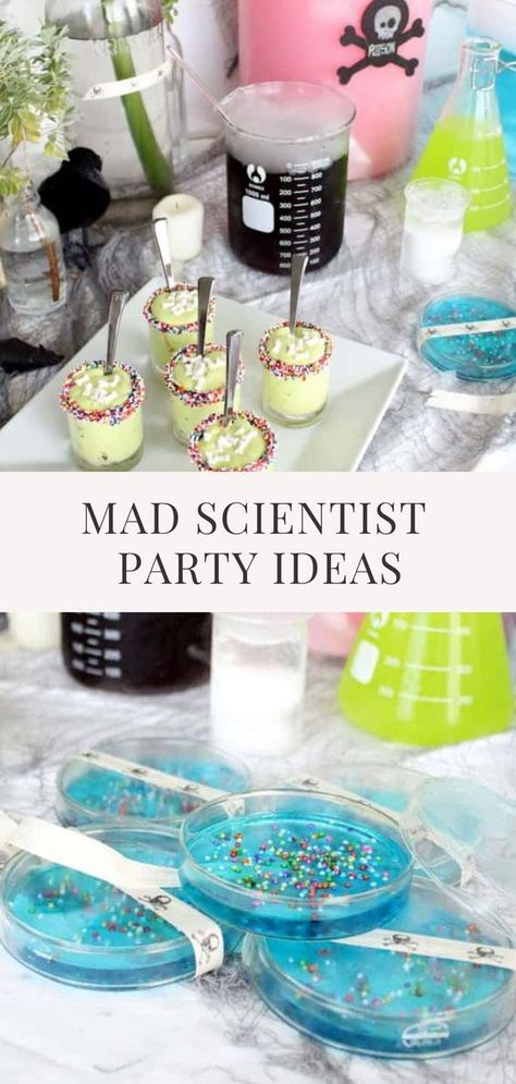 Step into the lab and prepare for an unforgettable night as we reveal the secrets from our scary spooky Halloween Mad Scientist party that was filled with crazy DIY’s and gooey recipes. #madscientistparty #madscienceparty #madsciencebirthdayparty #halloweenparty #halloween #partyideas Mad Scientist Halloween Party Food, Mad Scientist Cake Ideas, Mad Scientist Birthday Party Ideas, Mad Scientist Food Ideas, Mad Scientist Day At School, Science Theme Food, Diy Mad Scientist Lab, Mad Scientist Lab Decorations, Mad Scientist Props