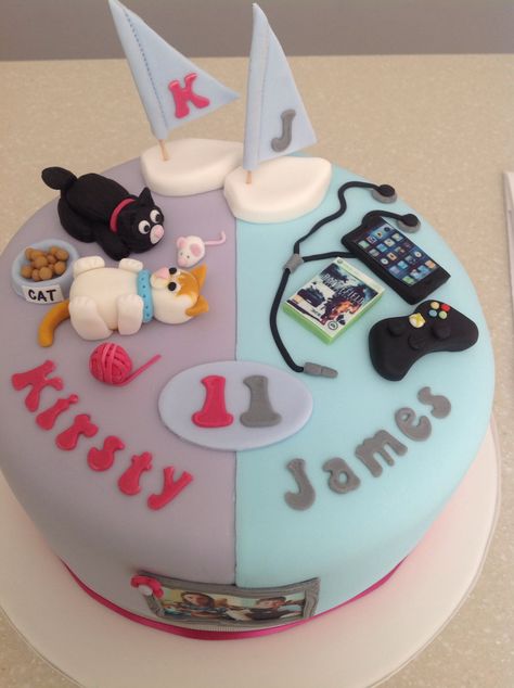 Twins cake with cats and IT ! Twins Cake Design, Cake Designs For Twins, Sister Birthday Cake, Cat Cakes, Twin Birthday Cakes, 9th Birthday Cake, Incredible Cakes, Twins Cake, Girly Cakes