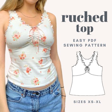 This listing is for a PDF ruched top sewing pattern - this is a lovely top that flatters the body. It is a quick project great for beginners.  The pattern: ----------------- - The pattern that you will download consists of 8 pages that are compatible with US Letter and A4 paper. - The easiest way to download and print this pattern is to download Adobe Acrobat Reader (easy to download online). Be careful not to scale the pattern up or down. There is a test square to check the pattern is the corre Floral Sewing Pattern, Fitted Shirt Sewing Pattern, Sew Pattern Top, Cute Shirt Sewing Patterns, Y2k Sewing Pattern Free, Cute Tops Sewing, Cute Diy Tops, Free Shirt Patterns For Women, Easy Sewing Projects For Beginners Free