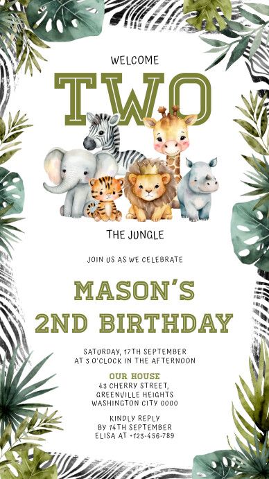 180 Free Templates for '2nd birthday invitation' Safari Theme Invitation Template Free, Jungle Theme Birthday Party Invite, Two Wild Invitation Template, Jungle Theme Second Birthday Party, Jungle Birthday Party Invitations, Jungle Theme Invitation Template, Welcome 2 The Jungle Birthday Party, Safari Invitation Template Free, Safari Invitation Template