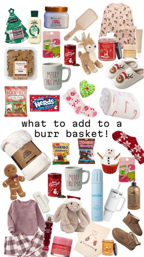 christmas burr basket ideas!! Boo Basket Ideas Christmas, Brrr Basket Ideas Christmas, Cheap Brr Basket Ideas, Boo Basket For Christmas, Christmas Friend Basket, Aesthetic Christmas Basket, Brr Basket Ideas For Best Friend, Bestie Burr Basket, Brr Baskets Gift Ideas Cheap