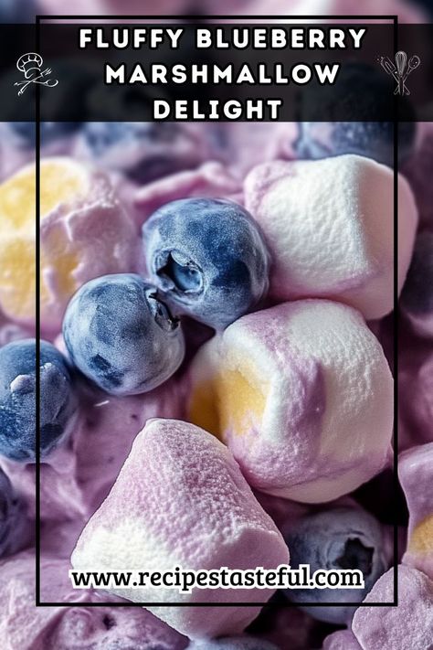 A light and refreshing dessert combining juicy blueberries, sweet mini marshmallows, and creamy vanilla yogurt, perfect for summer gatherings. Marshmallow Delight, Whipped Yogurt, Refreshing Desserts, Summer Gathering, Vanilla Yogurt, Mini Marshmallows, Sliced Almonds, Marshmallows, Blueberries