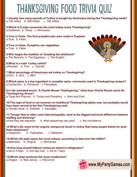 Thanksgiving Food Trivia Quiz {Free Printable} Thanksgiving Trivia With Answers, Kid Holiday Games, Housewarming Party Games, Food Trivia, Holiday Trivia, Thanksgiving Trivia, World Quiz, Anniversary Party Games, Holiday Facts