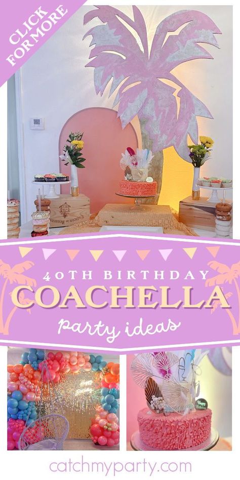 Take a look at this beautiful Coachella-themed 40th birthday party! The cake is gorgeous! See more party ideas and share yours at CatchMyParty.com Coachella 40th Birthday, Coachella Cake Ideas, Coachella Party Ideas Decor, Coachella Theme Party Decoration, Coachella Cake, Coachella Food, Coachella Birthday Party, Coachella Party Theme, Coachella Party Ideas