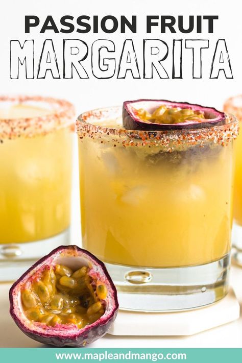 Passion Fruit Margarita! A classic margarita on the rocks with a tropical passion fruit twist. This easy-to-make passion fruit cocktail recipe is the perfect summer drink and great for Cinco de Mayo or taco night too! Shake up a single drink or make pitcher margaritas for a crowd! | www.mapleandmango.com Tropical Margarita Recipe, Passion Fruit Margarita Recipe, Margaritas For A Crowd, Pitcher Margaritas, Fruit Cocktail Drink, Passion Fruit Cocktail, Recipes With Fruit Cocktail, Passion Fruit Margarita, Fruit Margarita