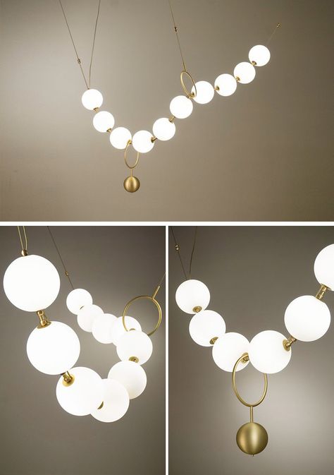 This sculptural light by Larose Guyon was inspired by a string of pearls, paying tribute to the artistic elegance of Gabrielle Chanel (Coco Chanel). #Lighting #Design Sculptural Light, Element Lighting, Restaurant Lighting, New Interior Design, Gabrielle Chanel, Design Movements, String Of Pearls, Lighting Design Interior, Mirror Interior