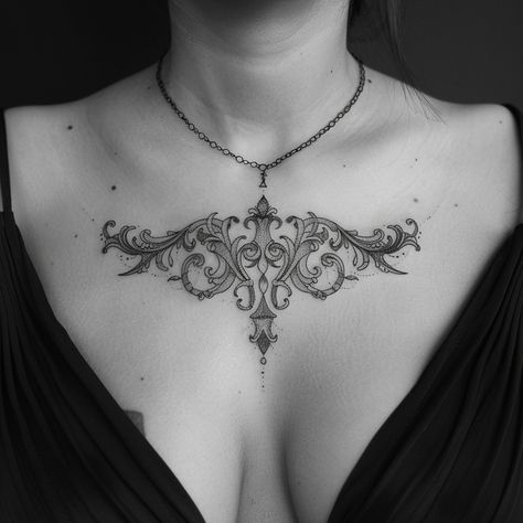 16 Chest Tattoo Designs for Women - Women’s Full Chest Tattoo, Front Chest Tattoo Female, Gothic Chest Tattoo Female, Female Chest Tattoo Ideas, Middle Chest Tattoo Female, Women Chest Tattoo, Full Chest Tattoos, Chest Tattoo Female, Grunge Tattoo