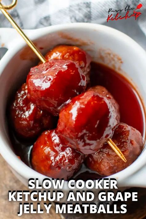 Here at Pass The Ketchup love ketchup and grape jelly meatballs for the perfect party appetizer. These filling meatballs with sauce are a sure to be a crowd winner. Both savory and sweet! Yum! Thanks to themagicalslowcooker.com Don't forget to follow us at Pass The Ketchup for anything ketchup related! #ketchup #meatballs #slowcooker Ketchup And Jelly Meatballs, Ketchup Grape Jelly Meatballs, Meatballs With Grape Jelly And Ketchup, Grape Jelly And Ketchup Meatballs, Cocktail Meatballs Grape Jelly, Slow Cooker Grape Jelly Meatballs, Sweet And Sour Kielbasa, Meatballs With Sauce, Slow Cooker Cocktail Meatballs