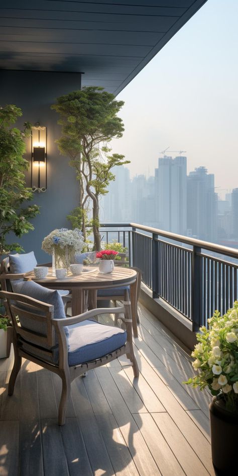 Small Apt Balcony Ideas, Condo Terrace Ideas, High Rise Balcony, Terrace Design Balcony, Balcony Luxury, Luxurious Balcony, Mediterranean Balcony, Big Balcony Ideas, Plant Balcony