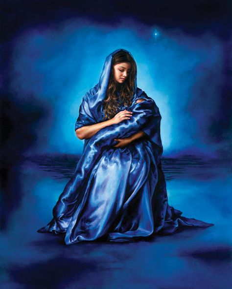 Mother's Love, Akiane Kramarik. The artist's words: "I painted Mary in a silky blue robe surrounded by a background palette of cerulean, cobalt and Persian blue. This is how I interpreted the vision of baby Jesus and his beautiful young mother. The robe connects both of them as if there were one. Mary is the symbol of love, warmth, affection, tenderness and devotion. Her story is the story of love and faith." Akiane Kramarik Paintings, Akiane Kramarik, Jesus Mother, Art Sacre, Prophetic Art, Mother's Love, Jesus Painting, Blessed Mother Mary, The Virgin Mary