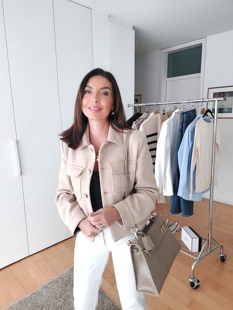 The Cropped Jacket: How To Style It in 2024 — No Time For Style Cropped Peacoat Outfit, Cropped Shacket Outfit Women, How To Style A Cropped Jacket, Cropped Coat Outfit, Cropped Jacket Outfit Casual, Crop Jacket Outfit, Tan Jacket Outfit, Camel Jacket Outfit, Cropped Denim Jacket Outfit