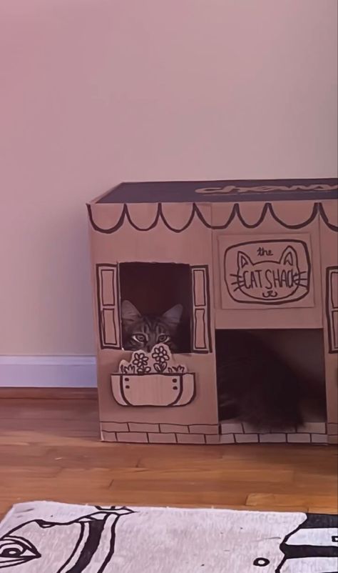 Cat Toys Homemade Ideas Cardboard Boxes, Making A Cat House Out Of Cardboard, Box For Cats Cardboard, Cat Boxes Diy, Cat House Cardboard Box Diy, Cat Cardboard Box Ideas Easy, Cardboard Diy For Cats, Cat Forts Cardboard Boxes, Homemade Cat House Cardboard