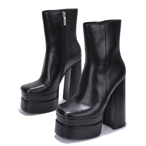 Side Zipper Closed Squared Toe Chunky Heel Slight Stretch Lightly Padded Insole Black Platform Boots No Half Sizes If You're In Between Sizes Order The Next Whole Size Up Heel Height Approx: 6" Platform Height Approx: 2" True To Size Measurements Are Taken On Size 6 And May Vary From Size To Size. Feel Free To Message Me For Any Measurements On Your Size. Accessories Closet, Korean Life, High Heel Ankle Boots, Footwear Design, Platform Heels Boots, Black High Heel Boots, Black Platform Boots, Luxury Clothes, Chunky Heels Boots