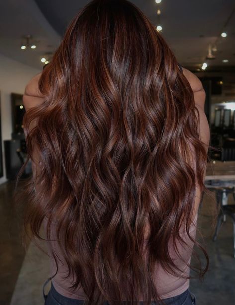 Dark Chocolate Cinnamon Hair, Dark Brown Reddish Hair With Highlights, Smoky Copper Hair, Brown Hair Red Undertone Highlights, Copper To Brown Hair Before And After, Darker Hair Dye Ideas, Dark Honey Red Hair, Natural Dark Copper Hair, Cooper Balayage Dark Brown