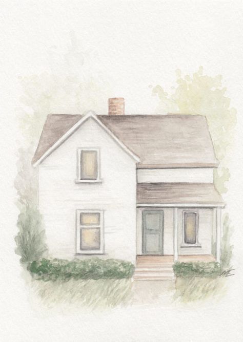 How To Draw A Farmhouse Step By Step, How To Draw A Farmhouse, Farmhouse Drawings Easy, Farmhouse Watercolor Art, House Portrait Drawing, Watercolor House Painting Simple, Watercolour Farmhouse, Home Drawing Simple, Farmhouse Drawings