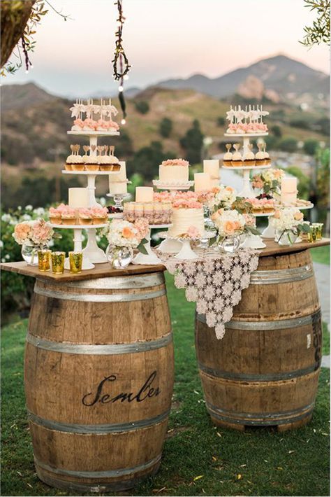 rustic inspired mini wedding bar with barrel Wedding Cakes Rustic Vintage, Rustic Dessert, Dessert Bar Wedding, Rustic Wedding Decorations, Cakes And Desserts, Wedding Cake Table, Wedding Cake Rustic, Wedding Dessert Table, Cakes And Cupcakes