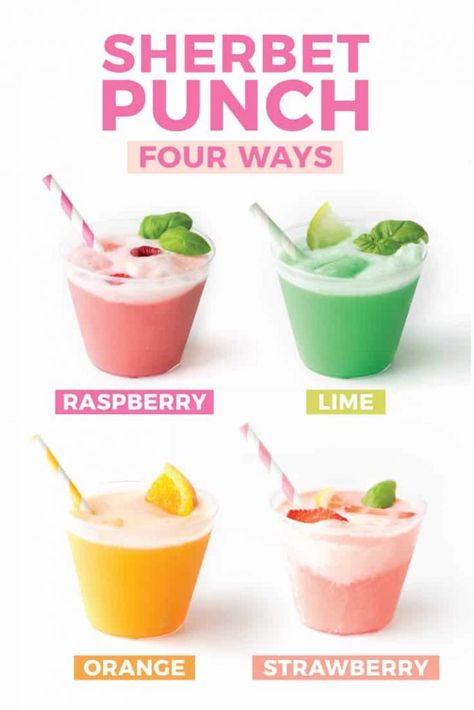 4 Different Sherbet Punch Recipes - Orange, Raspberry, Lime, Strawberry Best Sherbet Punch Recipe, Sorbet Punch, Punch For Kids, Lime Sherbet Punch, Design Eat Repeat, Punch Recipes For Kids, Best Punch Recipe, Sherbet Punch Recipes, Sherbet Recipes