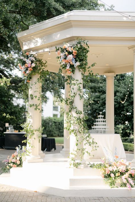 I loved getting to dress up The Elms Mansion courtyard for this absolutely gorgeous wedding. Congratulations to Lara and Joseph and thank you for letting me be a part of your special day! There's more to come from the Wright's wedding and I can't wait to show you all the details.⁠ Gazebo Floral Arrangements, Gazebo Floral Wedding, Mansion Courtyard, Reception Design Wedding, Floral Backdrop Wedding, Gazebo Wedding Decorations, Catering Decor, Wedding Flowers Spring, Wedding Gazebo